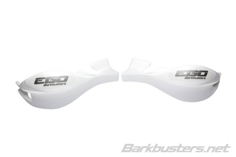 White plastic Barkbusters EGO guards featuring a sleek design and the "EGO" logo, ideal for motorcycle protection.
