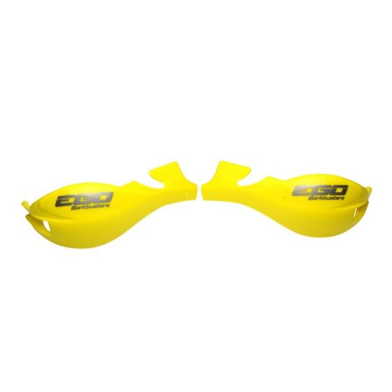 Bright yellow plastic handguards featuring the "EGO" logo, designed for motorcycle protection, with a sleek, aerodynamic shape and mounting points for easy installation.