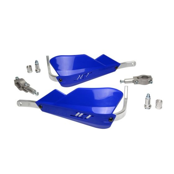 BarkBusters JET Handguard Kit in vibrant blue, featuring durable plastic guards with metal mounting brackets, designed for 22mm straight handlebars.