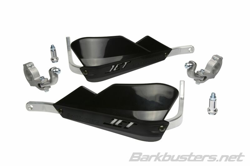 Barkbusters Jet handguard set in tapered black, featuring durable plastic guards with aluminum mounting brackets and silver hardware for two-point installation.