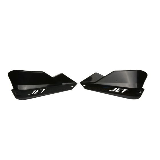 Black BarkBusters JET Handguards made of durable plastic, featuring a sleek design with a glossy finish and white "JET" logo on each guard.