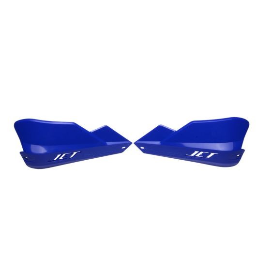 Blue BarkBusters JET handguards made of durable plastic, featuring a sleek design with the "JET" logo prominently displayed in white.
