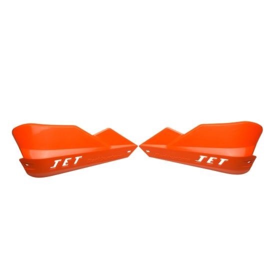 Bright orange BarkBusters JET handguards made from durable plastic, featuring a sleek design and the "JET" logo prominently displayed in white.