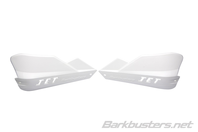 White BarkBusters JET Handguards made of durable plastic, featuring a sleek design with a raised edge for protection and the "JET" logo prominently displayed.