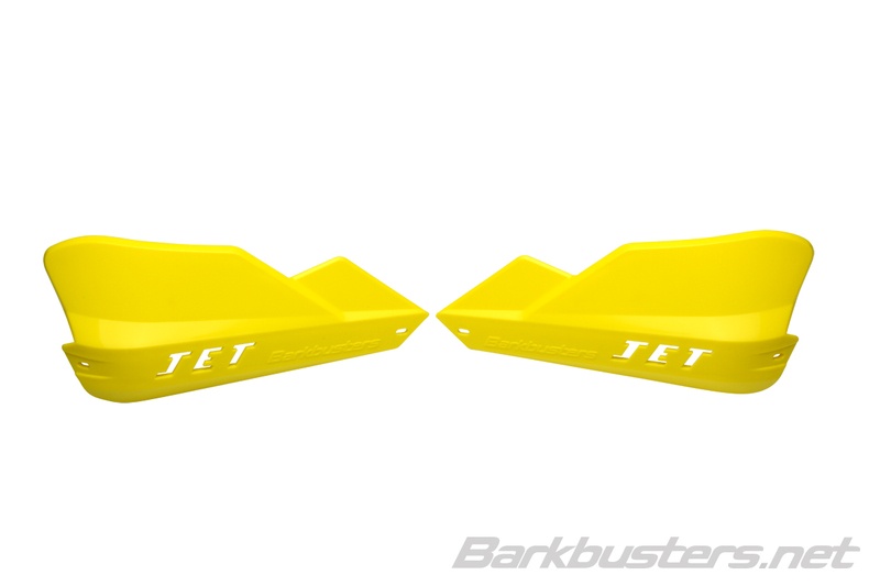 Bright yellow plastic guards with a sleek design, featuring the word "JET" prominently displayed, designed for motorcycle handlebar protection.