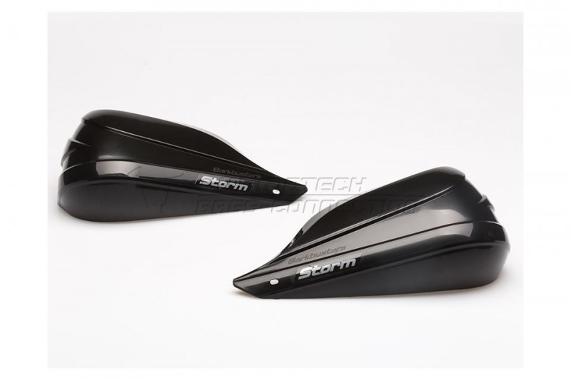 Black BarkBusters STORM handguards featuring a sleek design, made from durable material, with a glossy finish and the "Storm" logo prominently displayed.