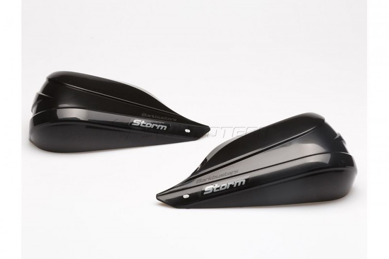 Black BarkBusters STORM handguards featuring a sleek design, made from durable material, with a single point threaded bar end mount for easy installation.