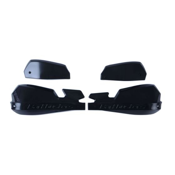 Black plastic handguards with a sleek design, featuring the BarkBusters logo, designed for motorcycle protection, includes two larger and two smaller pieces.