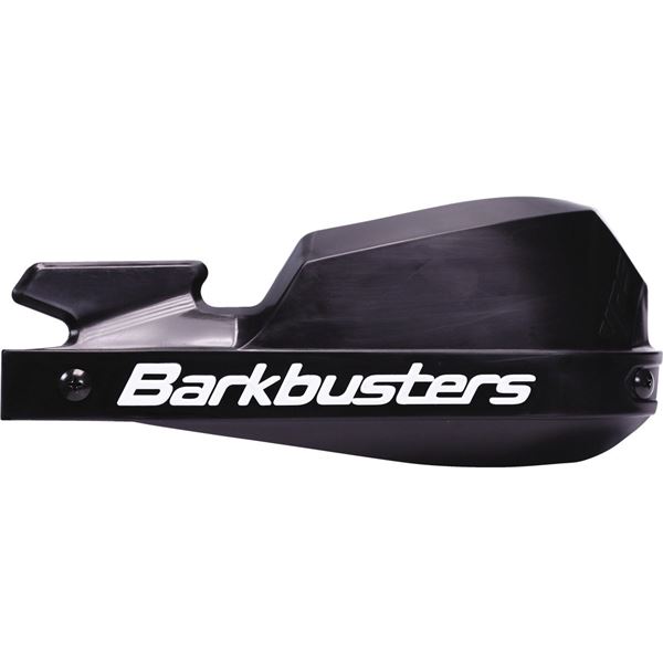 Black plastic handguards with a sleek design, featuring the "BarkBusters" logo in white, designed for motorcycle protection and durability.