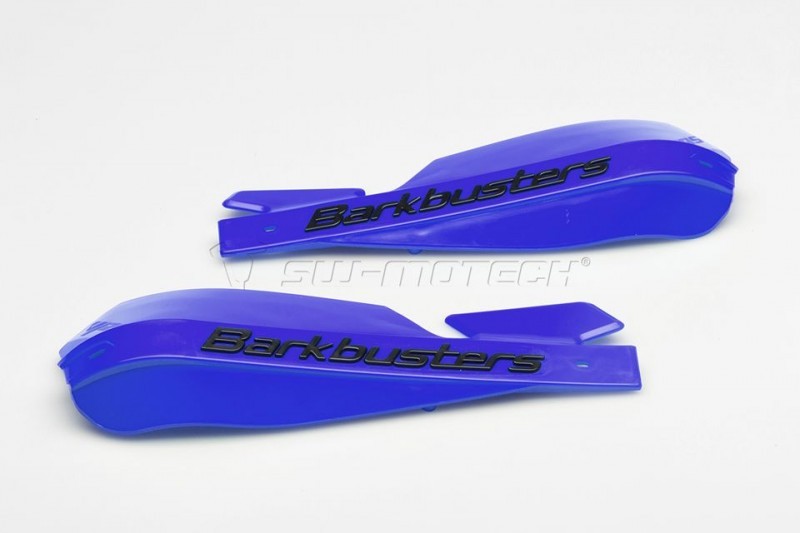 Blue plastic handguards with a sleek design, featuring the "BarkBusters" logo in black, ideal for motorcycle protection.