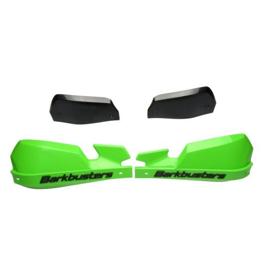 Bright green plastic handguards with black accents, featuring the "Barkbusters" logo, designed for motorcycle protection.