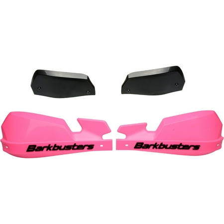 Bright pink plastic Barkbusters VPS guards with black accents, featuring the "Barkbusters" logo, designed for motorcycle protection.