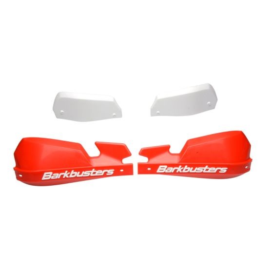 Red plastic handguards with a sleek design, featuring the "Barkbusters" logo in white, accompanied by two white mounting plates.