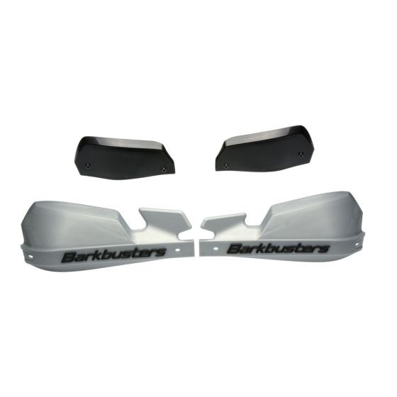Silver plastic handguards with a sleek design, featuring the "BarkBusters" logo, accompanied by two black mounting pieces for easy installation.