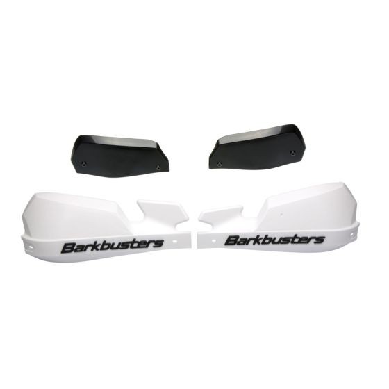 White plastic handguards with a sleek design, featuring the "BarkBusters" logo in black, accompanied by two black mounting pieces for added protection.