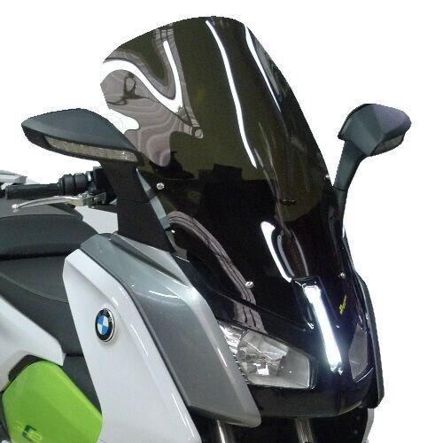 Black smoke windshield for BMW C Evolution (2014-2020), measuring 63 cm, featuring a sleek design and integrated lighting, enhancing both style and protection.