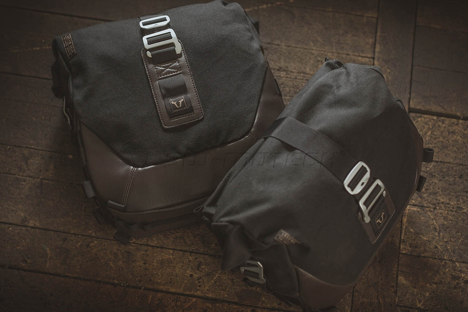 Black and brown SW-Motech Legend Gear LC2 sidebag featuring a durable fabric, adjustable buckles, and a sleek design, sized for right-side mounting.