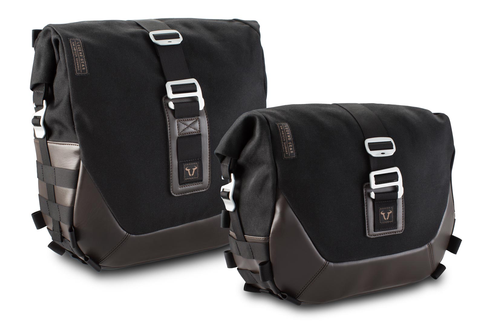Black and dark brown SW-Motech Legend Gear side bags featuring a durable fabric, adjustable straps, and metal buckles, designed for left LC2 and right LC1 motorcycle use.