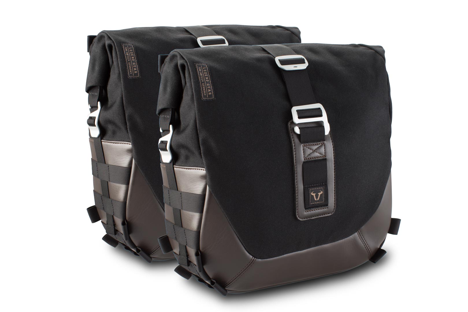 Black and brown side bags made of durable material, featuring adjustable straps, a front buckle closure, and a sleek design, designed for the Royal Enfield Meteor 350.