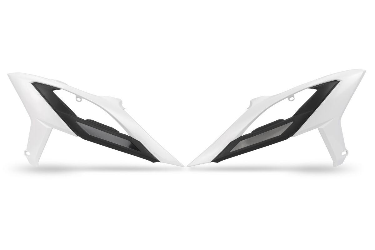 White UFO radiator scoops designed for Beta RR 250 (2023-2025), featuring a sleek design with black accents and a durable plastic construction.