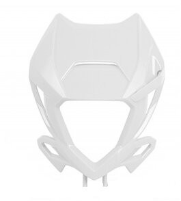 White UFO headlight surround for Beta RR 250 (2020-2025), featuring a sleek design with angular shapes and cutouts for ventilation, made from durable plastic material.