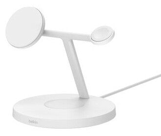 White wireless mobile device charger with a sleek, modern design featuring two charging pads on a stable circular base and a connecting cable.