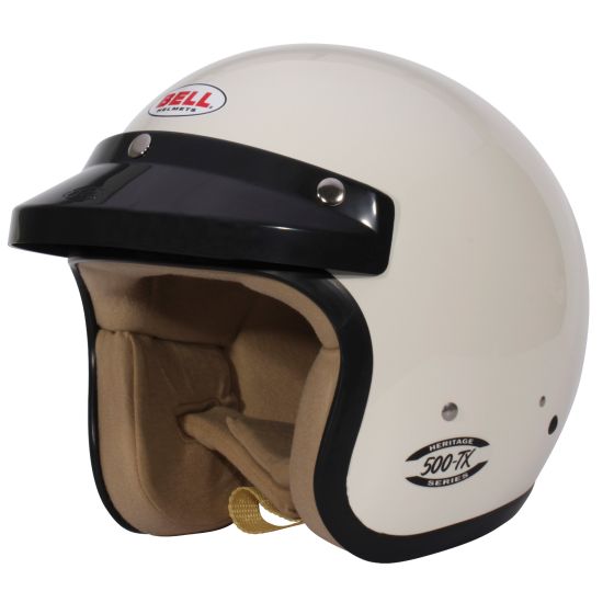 Classic white Bell 500 TX helmet with a black visor, plush beige interior padding, and a size designation of XL (61-62cm) prominently displayed.