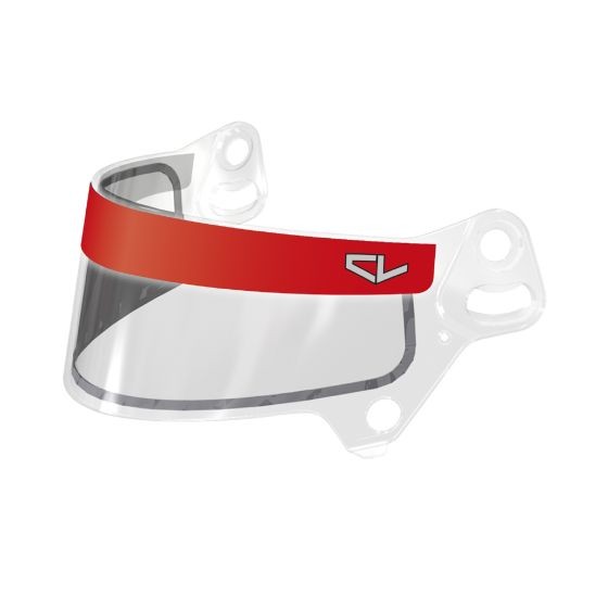 Clear helmet visor with a vibrant red sun strip sticker featuring a stylized "CL" logo, designed for Bell Charles Leclerc helmets.