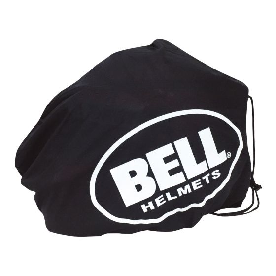 Black drawstring helmet bag made of durable material, featuring a prominent white "BELL HELMETS" logo on the side.