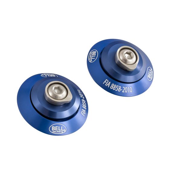 Blue Bell FHR posts made of aluminum, featuring a smooth, rounded design with a central silver bolt and FIA 8858-2010 certification label.