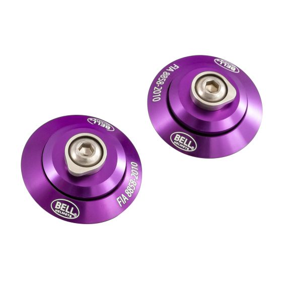 Purple anodized aluminum HANS Post Anchors by Bell, featuring a circular design with a central hexagonal socket and engraved branding details.