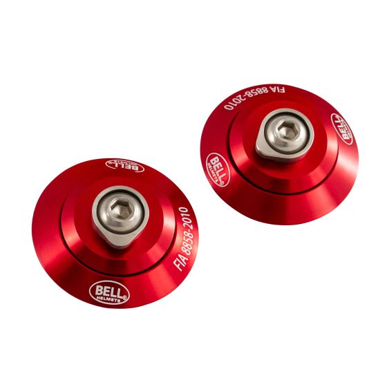 Red Bell FHR posts featuring a sleek design, made from durable material, marked with FIA8858-2010 certification for safety and performance.