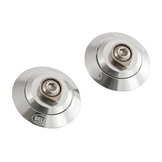 Silver Bell FHR posts with a circular base, featuring a central bolt and FIA8858-2010 certification, designed for secure helmet attachment in motorsport applications.