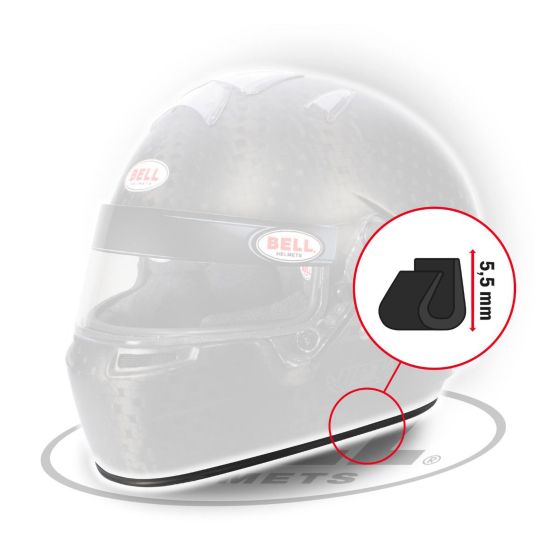 White bottom edge trim profile for Bell helmets, featuring a sleek design with a 5.5 mm thickness, enhancing durability and aesthetics.