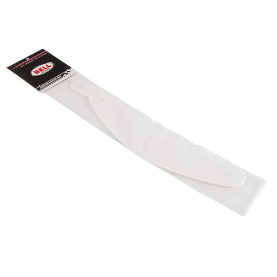 White visor tear-offs for Bell helmets, designed for SE03/SE05 models, packaged in a clear sleeve, includes 10 high-quality, flexible plastic sheets.