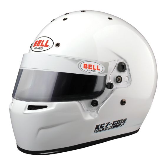 White kart helmet with a sleek design, featuring a clear visor, ventilation holes, and Bell branding on the front and sides, sized for a head circumference of 56cm.