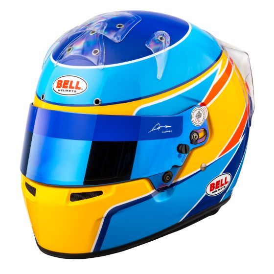 Bright blue kart helmet with yellow and orange accents, featuring a clear visor, aerodynamic design, and "Bell" and "Alonso" logos, sized at 58cm.