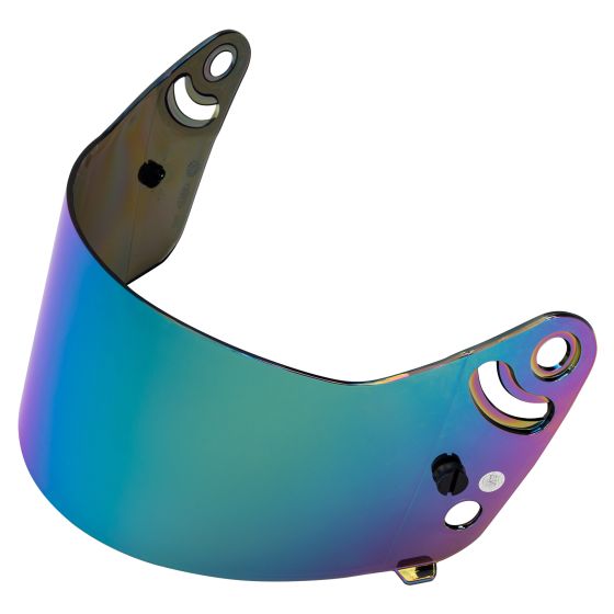 Replacement visor for Bell 6-Series helmet, featuring an iridium mirror finish with a gradient of blue and green hues, made from durable material with multiple attachment points.