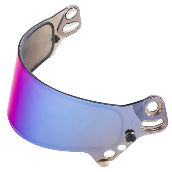 Blue mirror visor for Bell 7-Series helmets, featuring a curved design with mounting holes, transitioning from deep blue to purple hues, made of durable material.