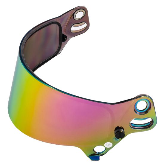 Red mirror replacement visor for Bell 7-Series helmets, featuring a curved design, multiple mounting holes, and a reflective finish that provides a vibrant color gradient.