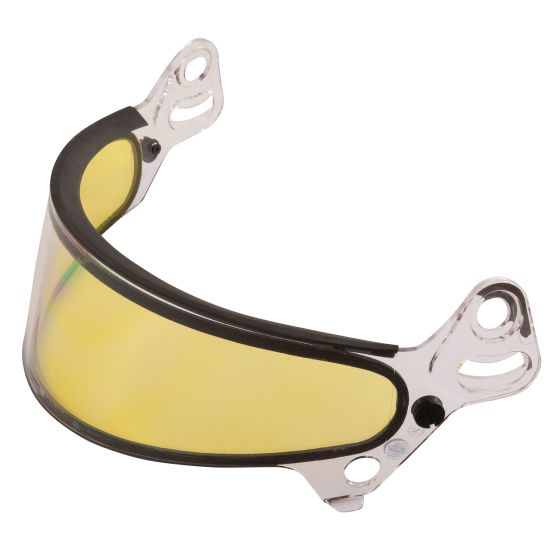 Yellow replacement visor for Bell HP77 Carbon Helmet, featuring a curved design with a clear border and mounting holes for easy attachment.