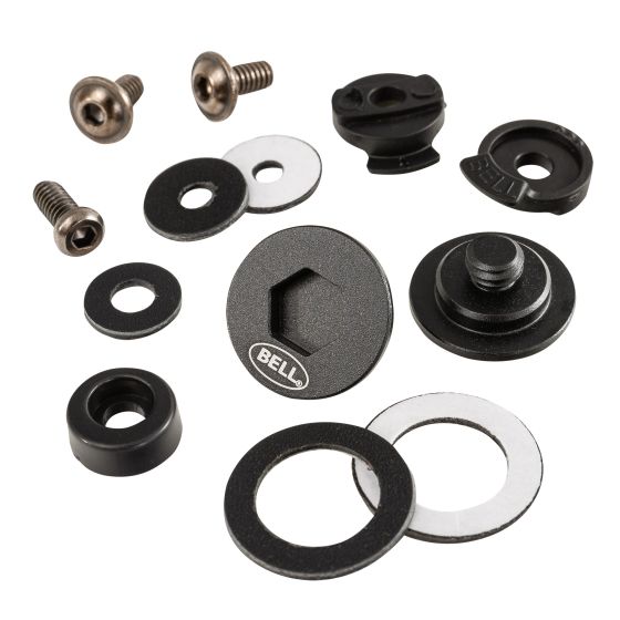 Black Bell Visor Pivot/Screw Kit featuring various metal screws, washers, and pivot components, designed for secure attachment and compatibility with Bell helmets.