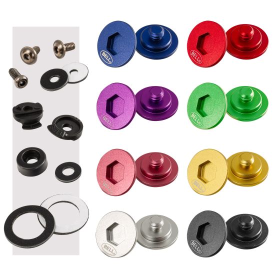 Bell Visor Pivot/Screw Kit in black, featuring various colored pivot screws and washers in red, blue, purple, green, gold, and silver, designed for helmet visor attachment.