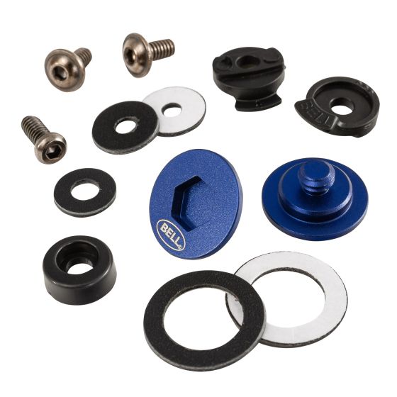 Blue aluminum visor pivot with black and silver washers, screws, and a black plastic component, all designed for the Bell helmet's Blue10 Series.