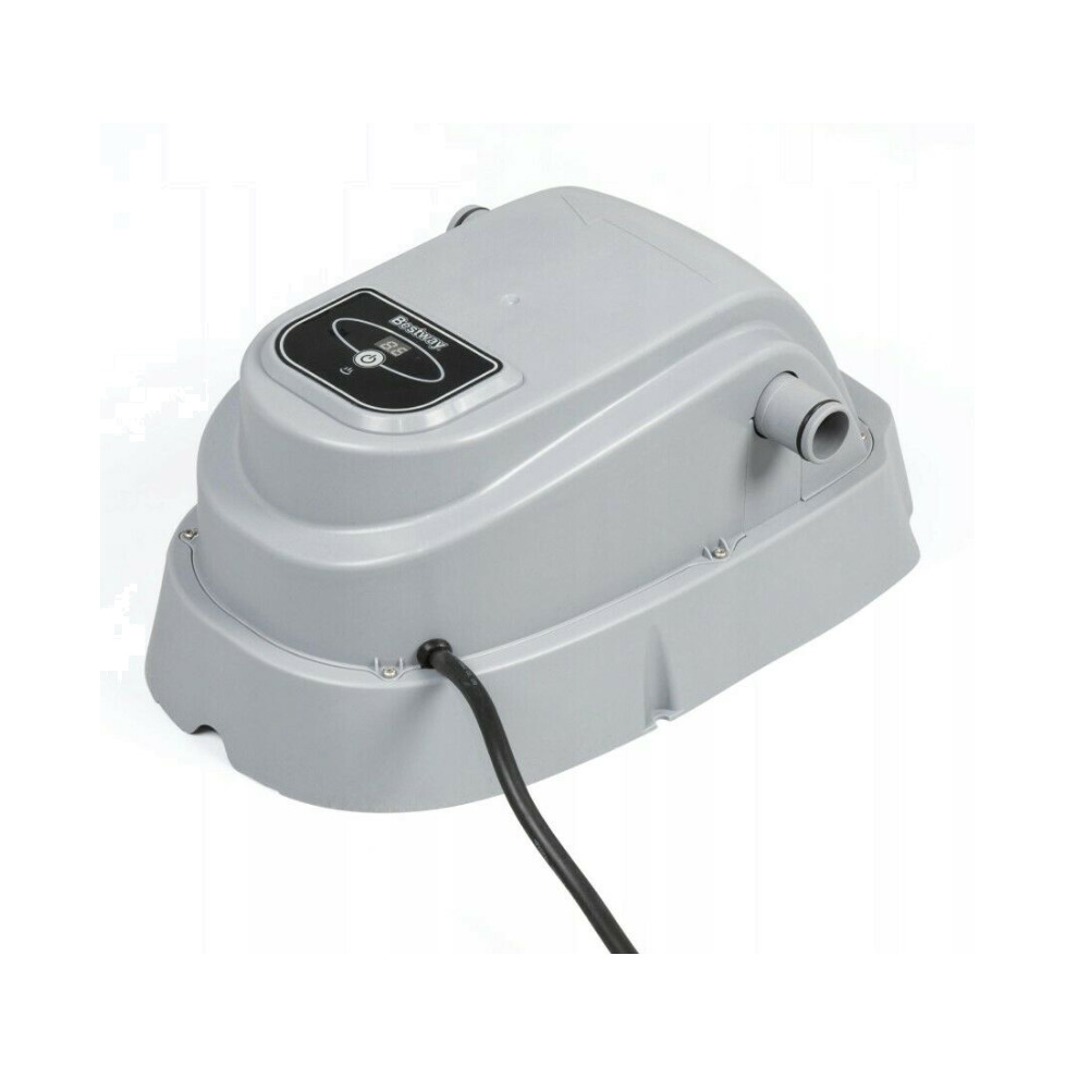 Gray electric swimming pool heater with a sleek design, featuring a control panel on top, a power cord, and inlet/outlet fittings for above-ground pools up to 15FT.
