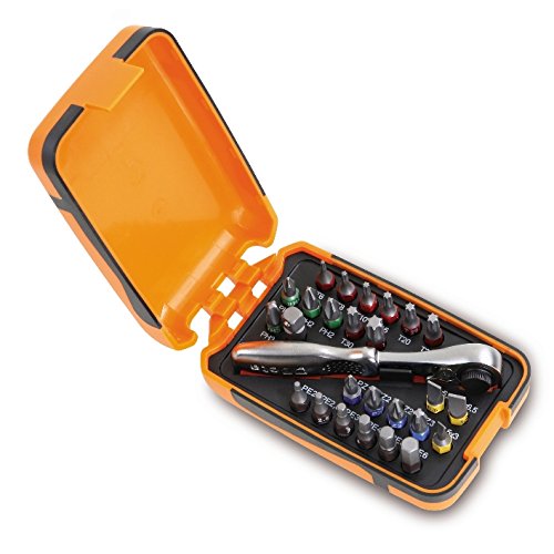 Beta 860/C Bit Set featuring a black and orange plastic case, containing 25 bits, a silver reversible ratchet, and a connector, all neatly organized inside.