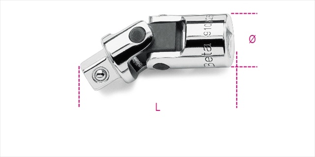 Chrome-finished Beta socket adapter with a swivel joint, featuring a black rubber grip and marked dimensions for size identification.