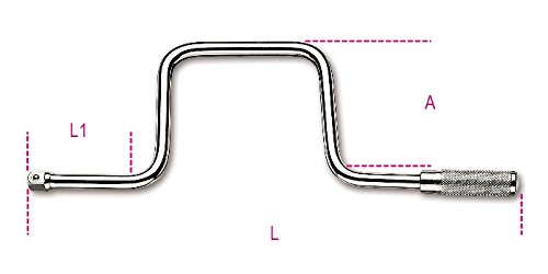 Silver metal square drive speed handle with a knurled grip, featuring a curved design and marked dimensions for length and handle size.
