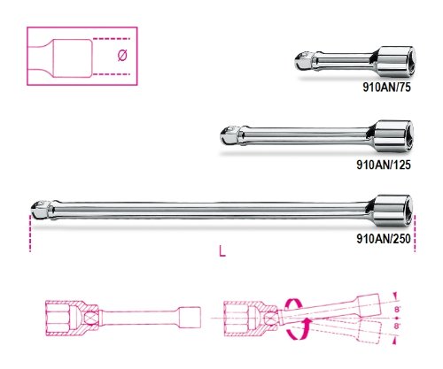 Shiny chrome 250mm 3/8 in drive wobble socket extension by Beta, featuring a smooth finish and a flexible design for hard-to-reach areas.
