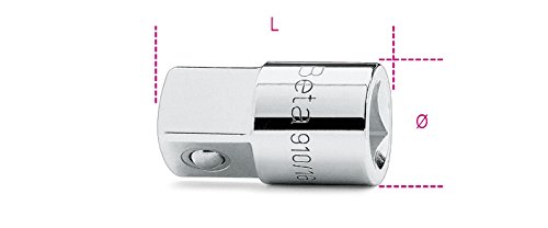Shiny chrome socket adapter labeled "Beta 910/16," featuring a square drive and a hexagonal opening, with dimensions indicated by pink lines.